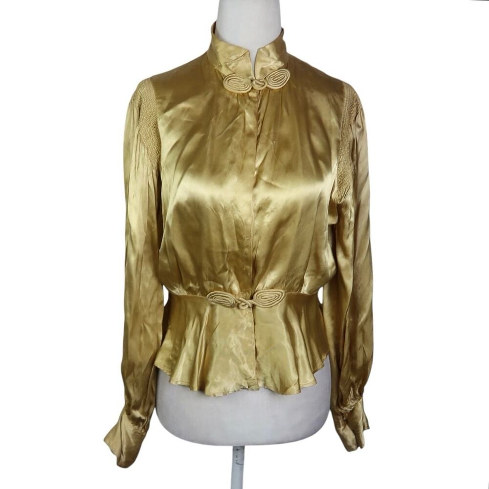 Vintage 30s Gold Liquid Silk Satin Blouse Chinoiserie Frog Closures